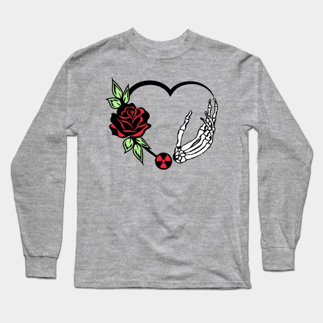 Radiologic Technologist / X-Ray Tech Appreciation Floral Love Heart with Skeleton Hand Long Sleeve T-Shirt by Caty Catherine